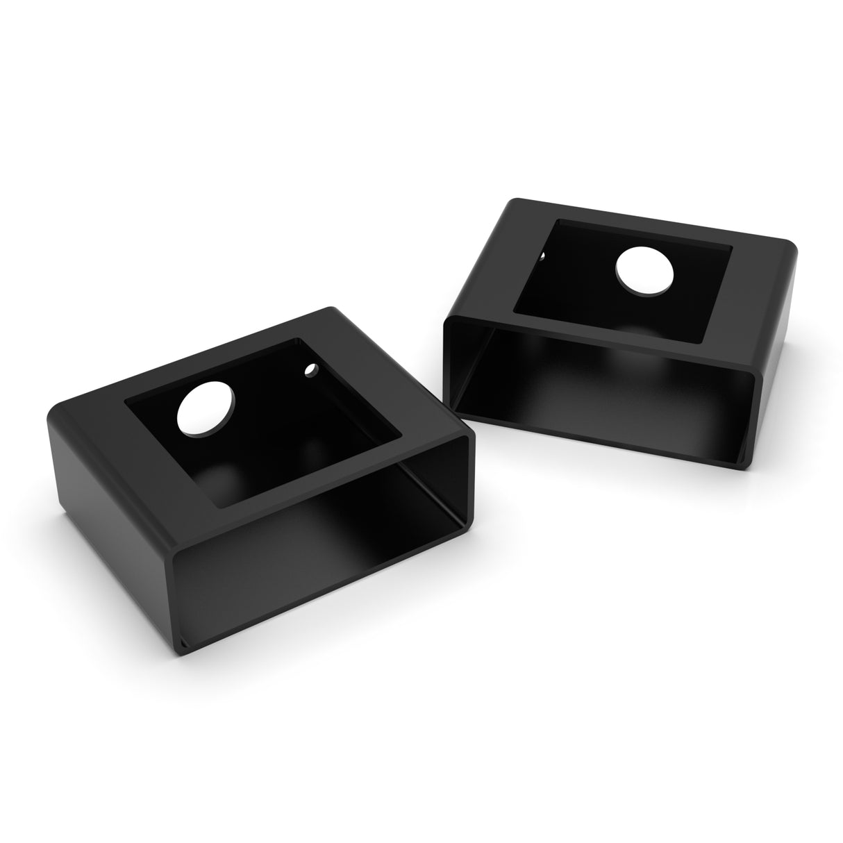 The Surface Mounting Bracket for Holston74 Tube Profile is a black rectangular enclosure with an open front and top holes, designed for easy surface mounting. Made of metal or plastic, it’s shown on a white background.