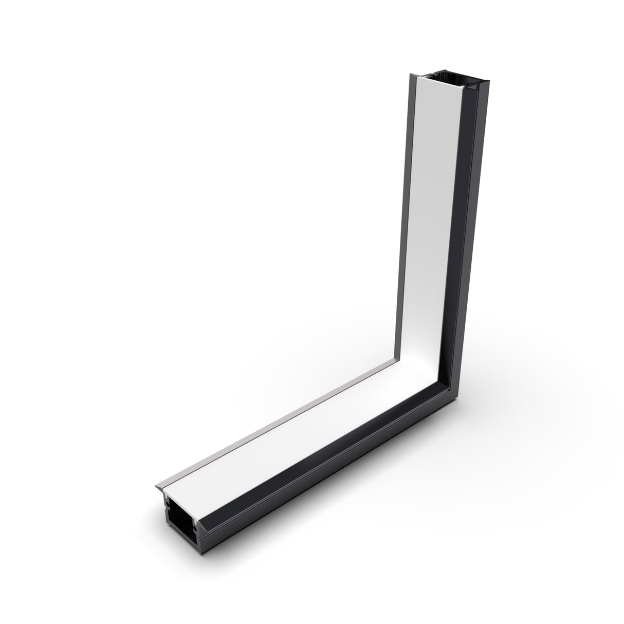 A 3D rendering of the 90 Degree Connector for Berlin Profile aluminum frame featuring an L-shaped, reflective inner surface, displayed against a white background.