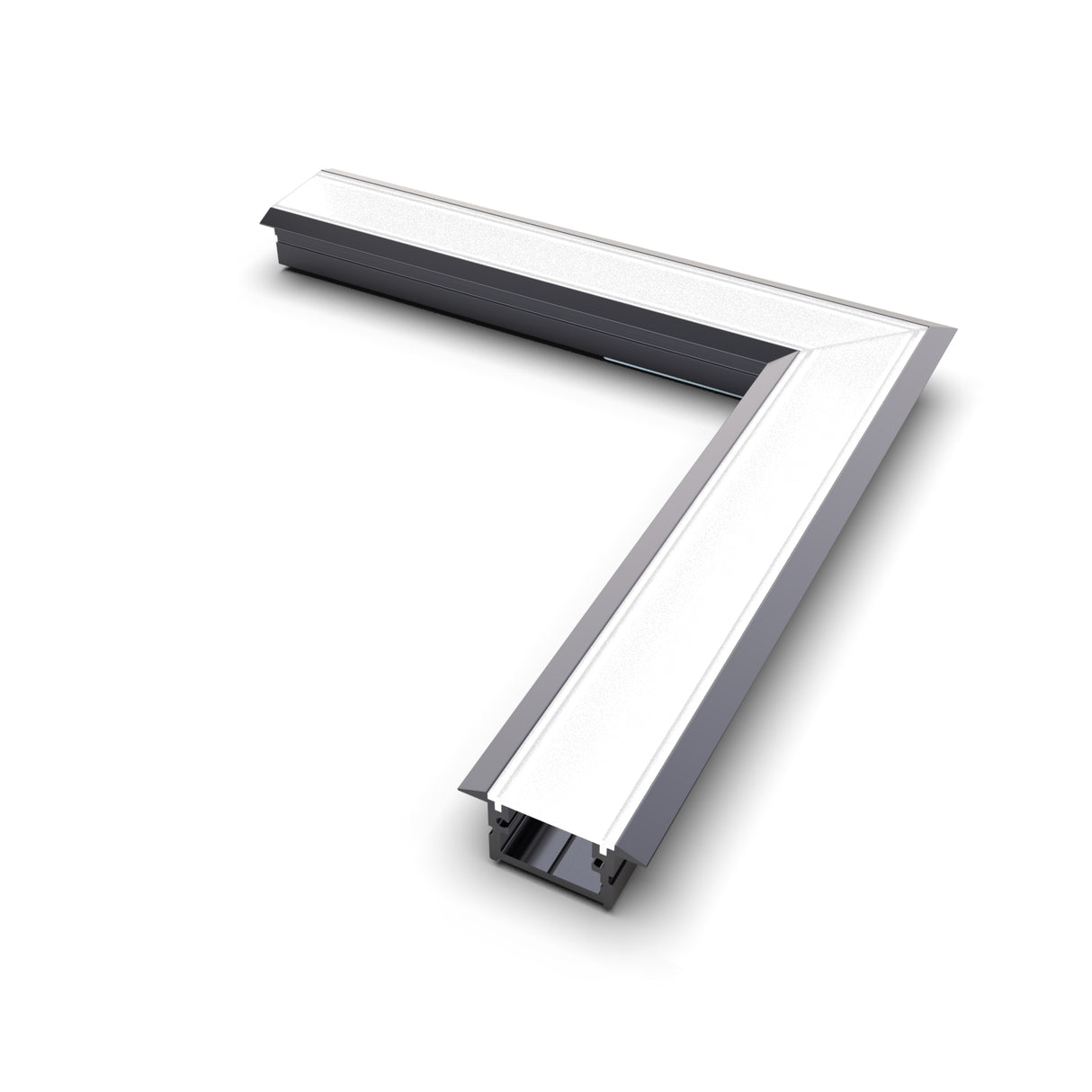 The 90 Degree Connector for Berlin Profile is a white, L-shaped frame piece with a hollow underside—perfect as an LED channel corner or connector for sleek lighting installations.