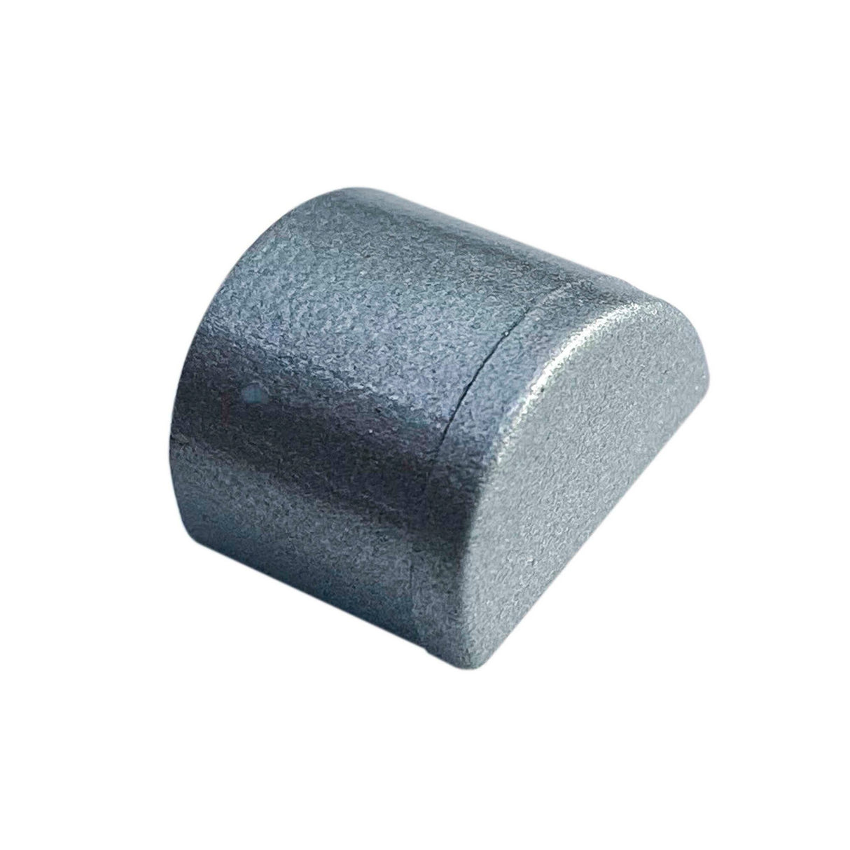 A small, metallic End Cap for Tennessee Profile with a flat base and curved top, resembling a half-cylinder, is displayed on a white background.