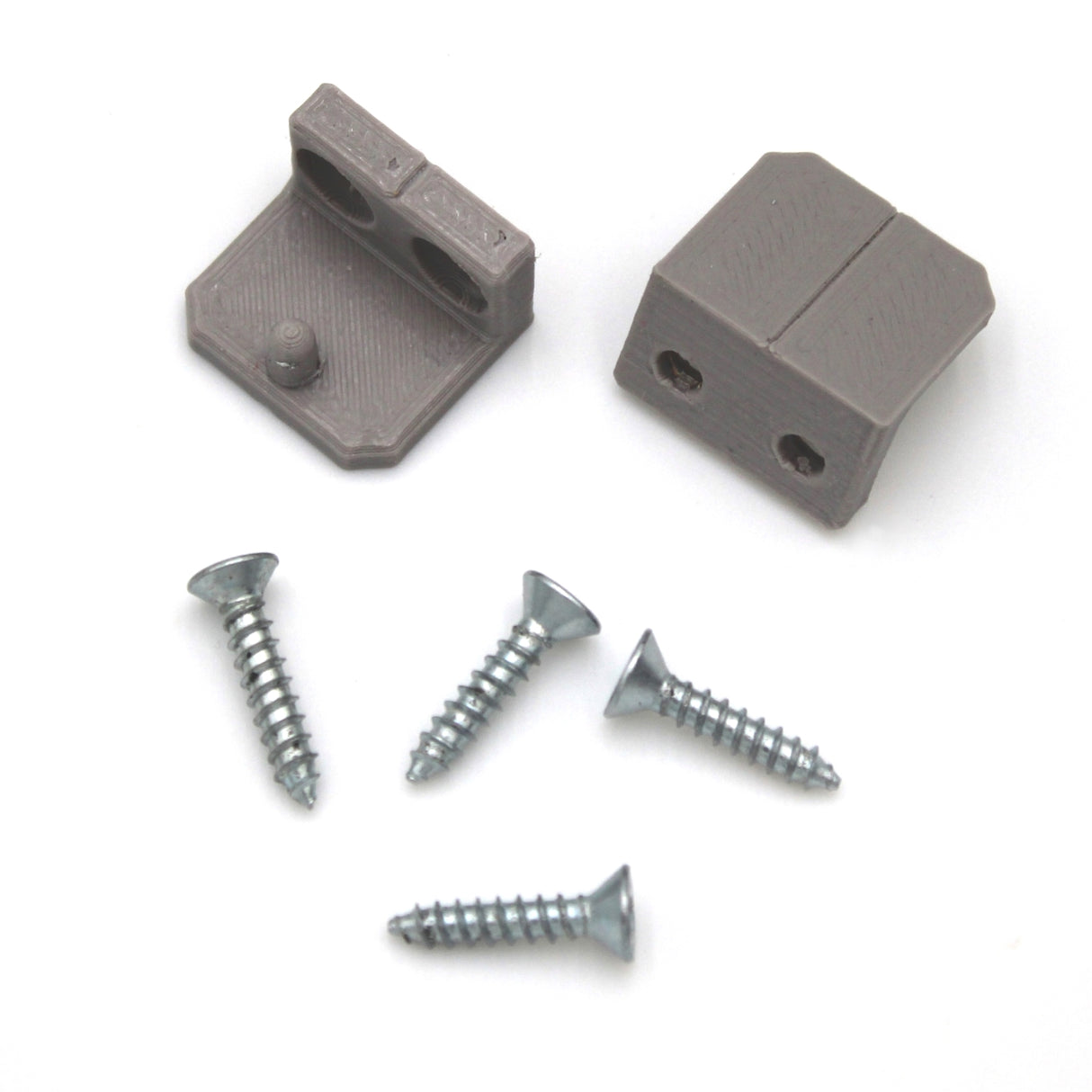 The Surface Mount for Yukon Profile from Wired4Signs USA includes gray plastic brackets with holes and five silver screws, shown on a white background, ideal as 3D printed surface mounting accessories for securing Yukon LED profiles.