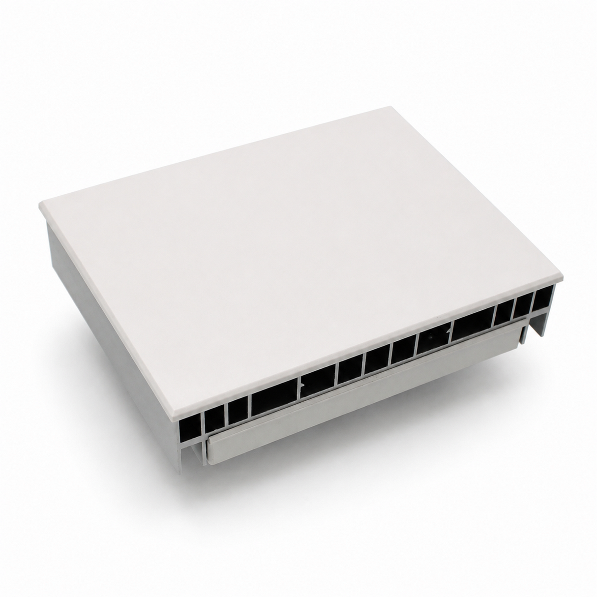 A rectangular, gray plastic vent cover with multiple horizontal slats and a flat top—resembling the sleek housing of the Lutron Single-Zone Dimming Interface Phase-Adaptive Power Module (Model PHPM-PA-120-WH) for 120 V lighting loads—is photographed against a white background.