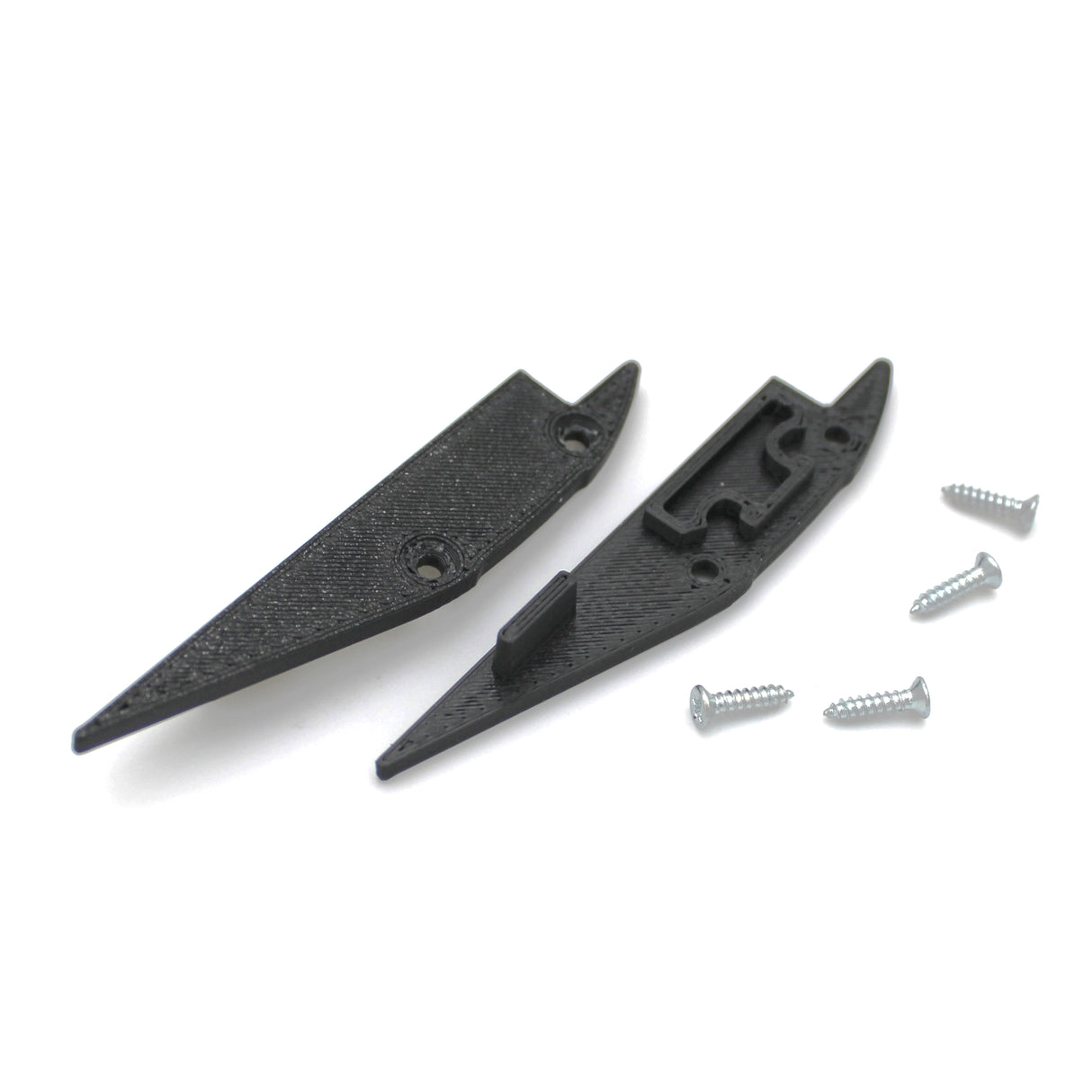 Two black plastic End Caps for Broadway Profile and four silver screws are displayed on a white background. The pieces appear to be 3D printed parts designed for mounting or assembly.