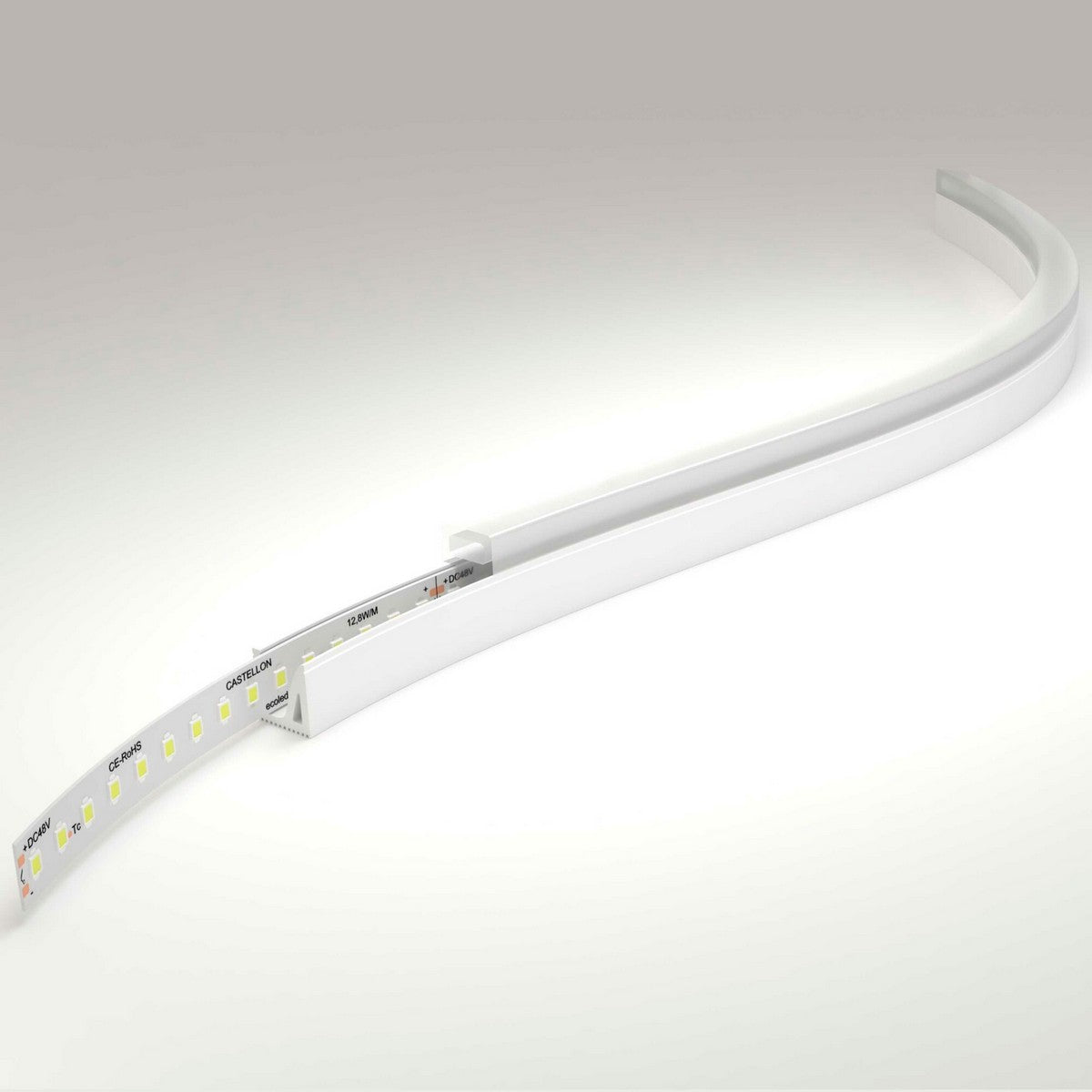 The Flexible LED Neon Light Silicone Profile ~ Model Neon Las Vegas is shown partially inserted into a white curved diffuser, highlighting its bendable design and versatility for decorative lighting in different environments.