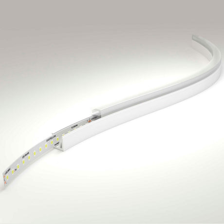 The Flexible LED Neon Light Silicone Profile ~ Model Neon Las Vegas is shown partially inserted into a white curved diffuser, highlighting its bendable design and versatility for decorative lighting in different environments.