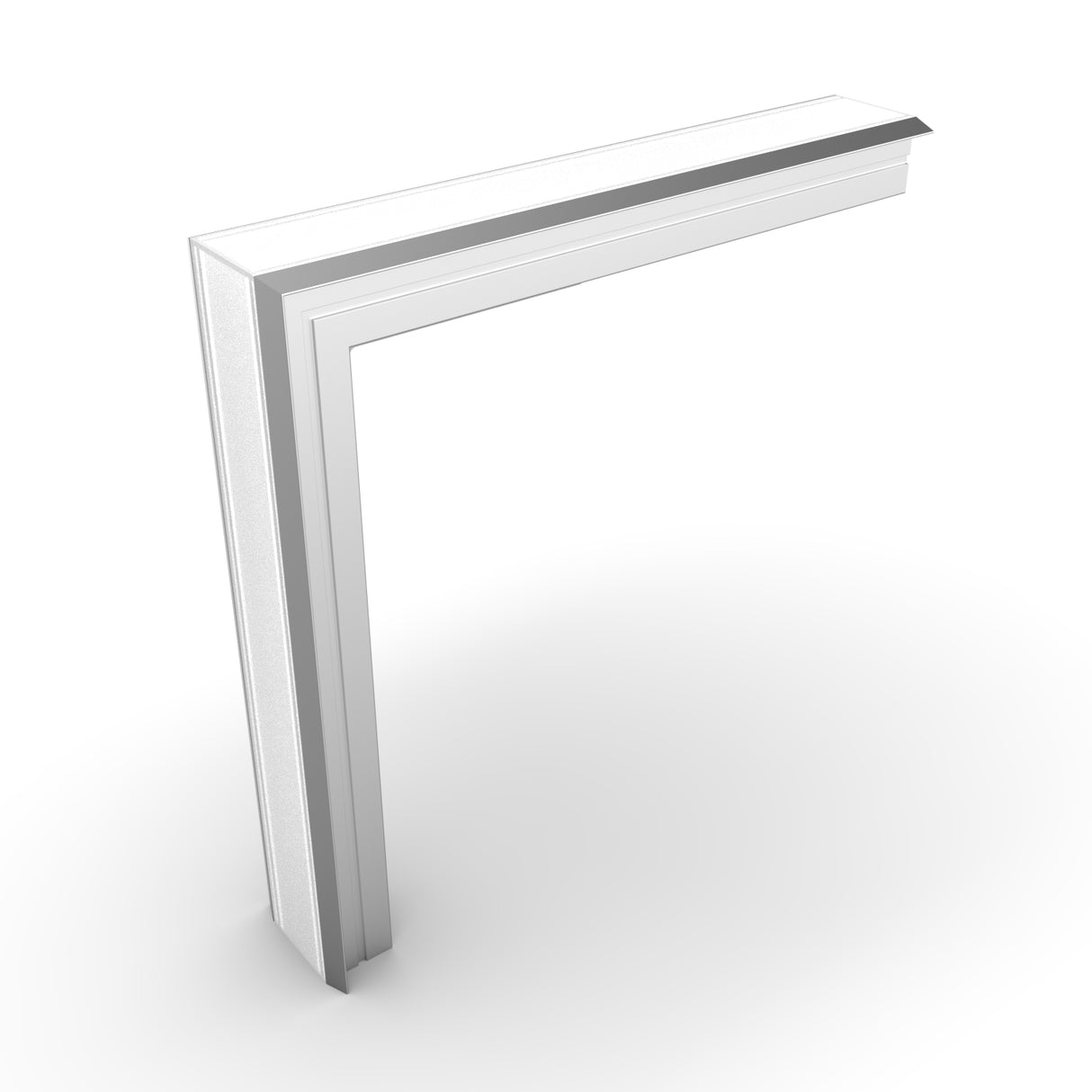 A 3D rendering shows a white, L-shaped frame with clean, modern edges on a plain white background, resembling the 90 Degree Connector for Berlin Profile.
