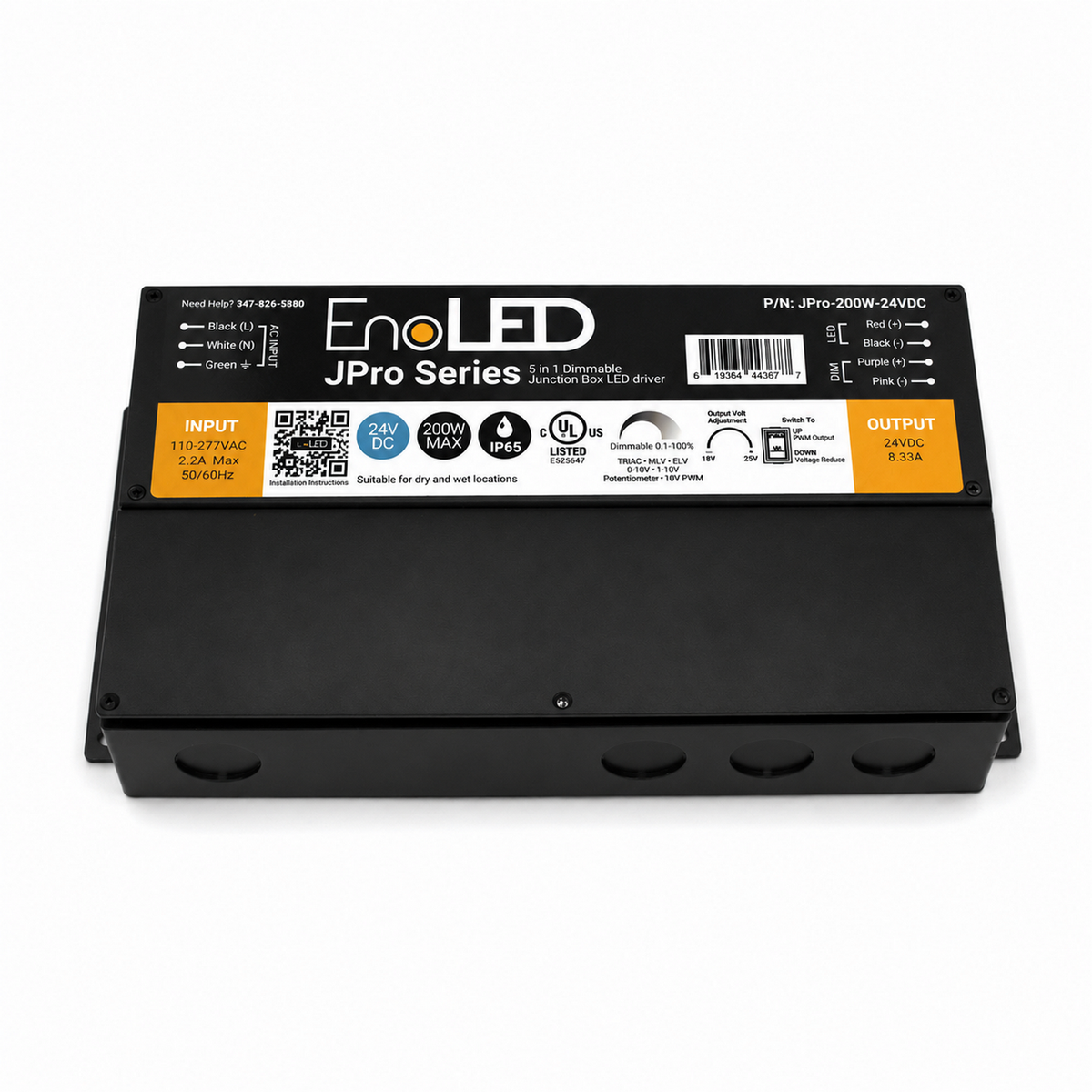 Black and silver 5-in-1 Dimmable J-Box LED Driver (24V) from the EnoLED JPro Series with product details, input/output specifications, certification icons, a barcode, and wiring diagrams visible on the top label; this universal LED driver is engineered for versatile compatibility across various lighting applications.