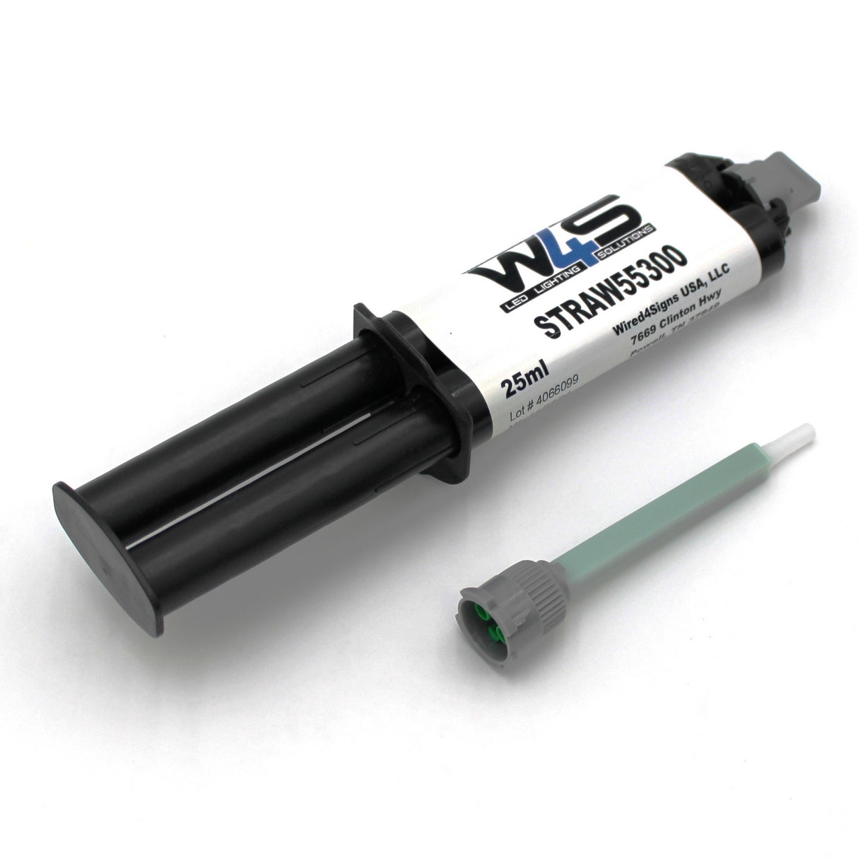 A Cream 2-part Methacrylate Adhesive W4S 55300 (25ml 1:1 Mix B-System) dual-barrel syringe is shown with a mixing nozzle attachment for industrial bonding, displayed on a white background.