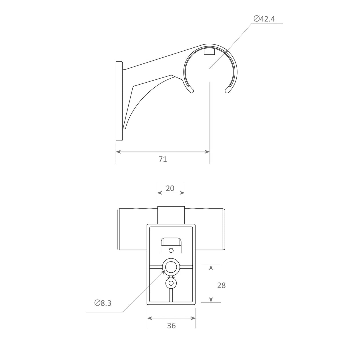 Technical drawing of the Wall Support Bracket for Comenza Profile in stainless steel, showing two views with measurements: 71 mm projection, 42.4 mm opening diameter, 36 mm base width, 28 mm height, and 8.3 mm hole diameter—ideal for LED handrails.