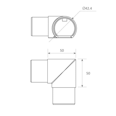 Top and side technical drawings of the Corner Connector for Comenza Profile, dimensioned at 50 mm length, 50 mm height, and 42.4 mm diameter—perfect for stainless steel installations.