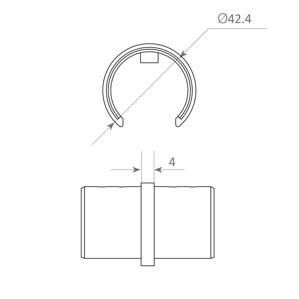 Technical drawing of a stainless steel Straight Joint for Comenza Profile, 42.4 mm diameter, shown in top and side views. The joint features an open section and a 4 mm wide central band.