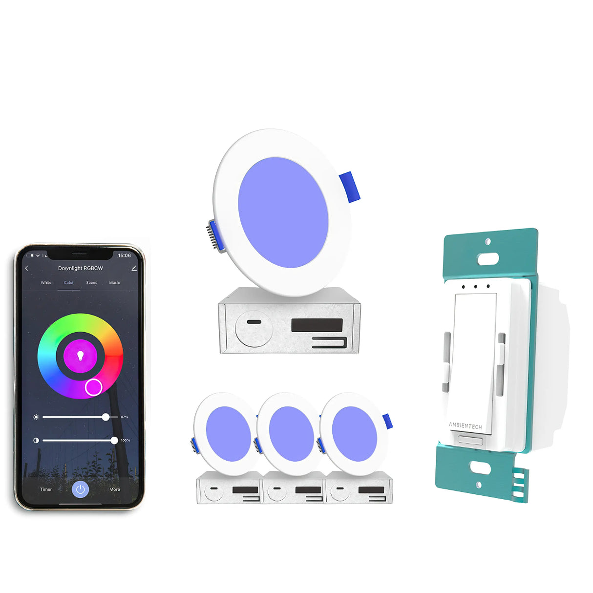 The EnoLED 4 Ultra-Slim RGB+CCT Smart Wireless Downlights and Wall Switch (4PK-WSD-RGBCW-4) are shown with a smartphone color wheel app and three downlights glowing purple, all against a white background.