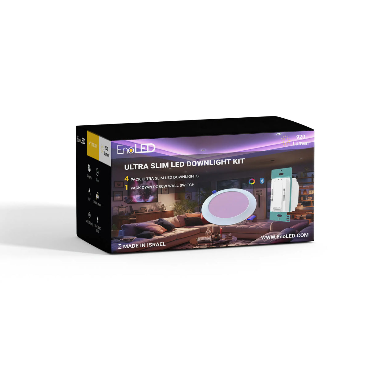 The box for the EnoLED 4 Ultra-Slim RGB+CCT Smart Wireless Downlights and Wall Switch (4PK-WSD-RGBCW-4) displays product images, features, branding, “Made in Israel,” a round wireless downlight, RGB+CCT wall switch, and 920 lumens.