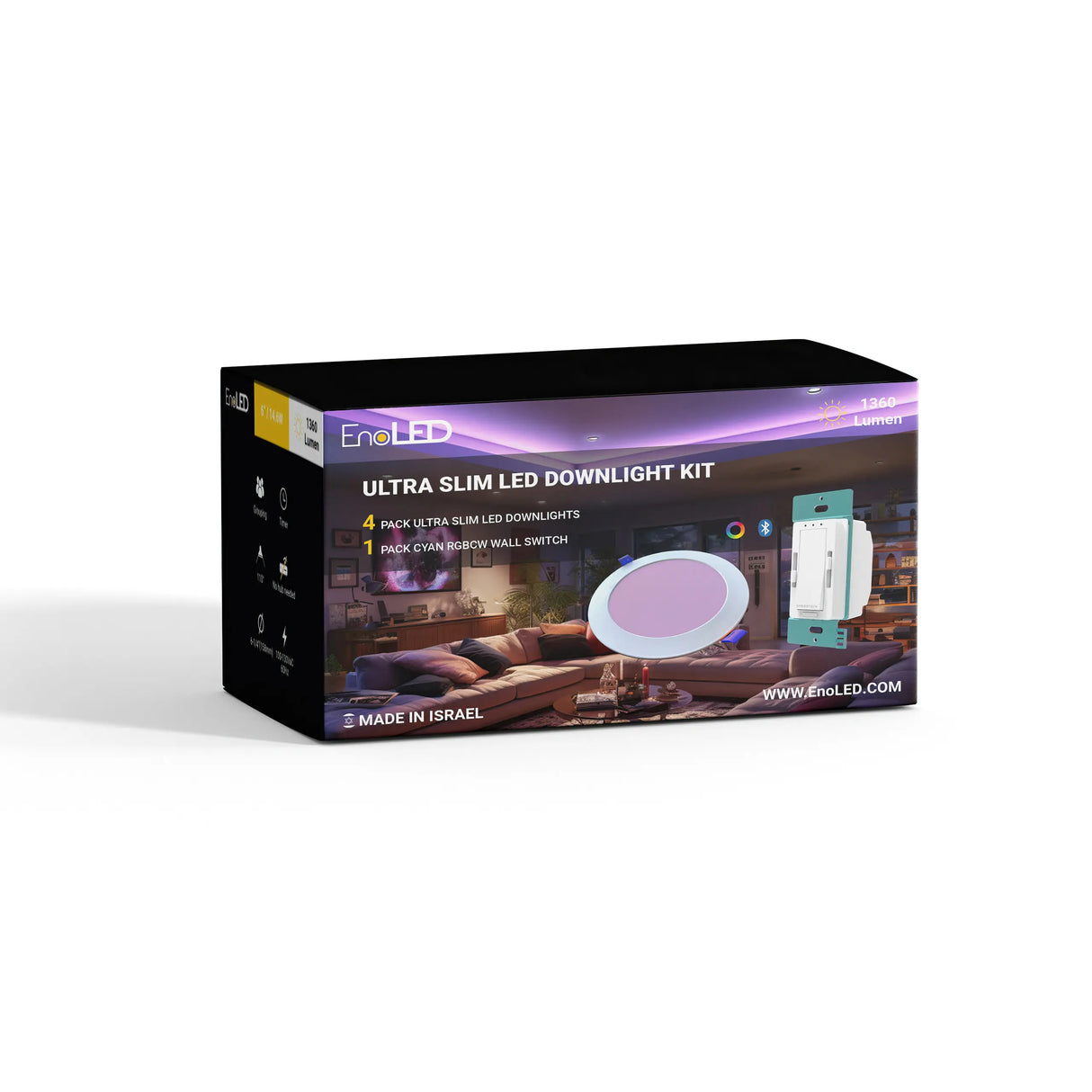 A black box labeled 6\ Ultra-Slim RGB+CCT Smart Wireless Downlights and Wall Switch ~ EnoLED 4PK-WSD-RGBCW-6 features an image of a round LED light and wall switch. Text notes the kit includes 4 wireless downlights and 1 wall switch. The box is on a white background.