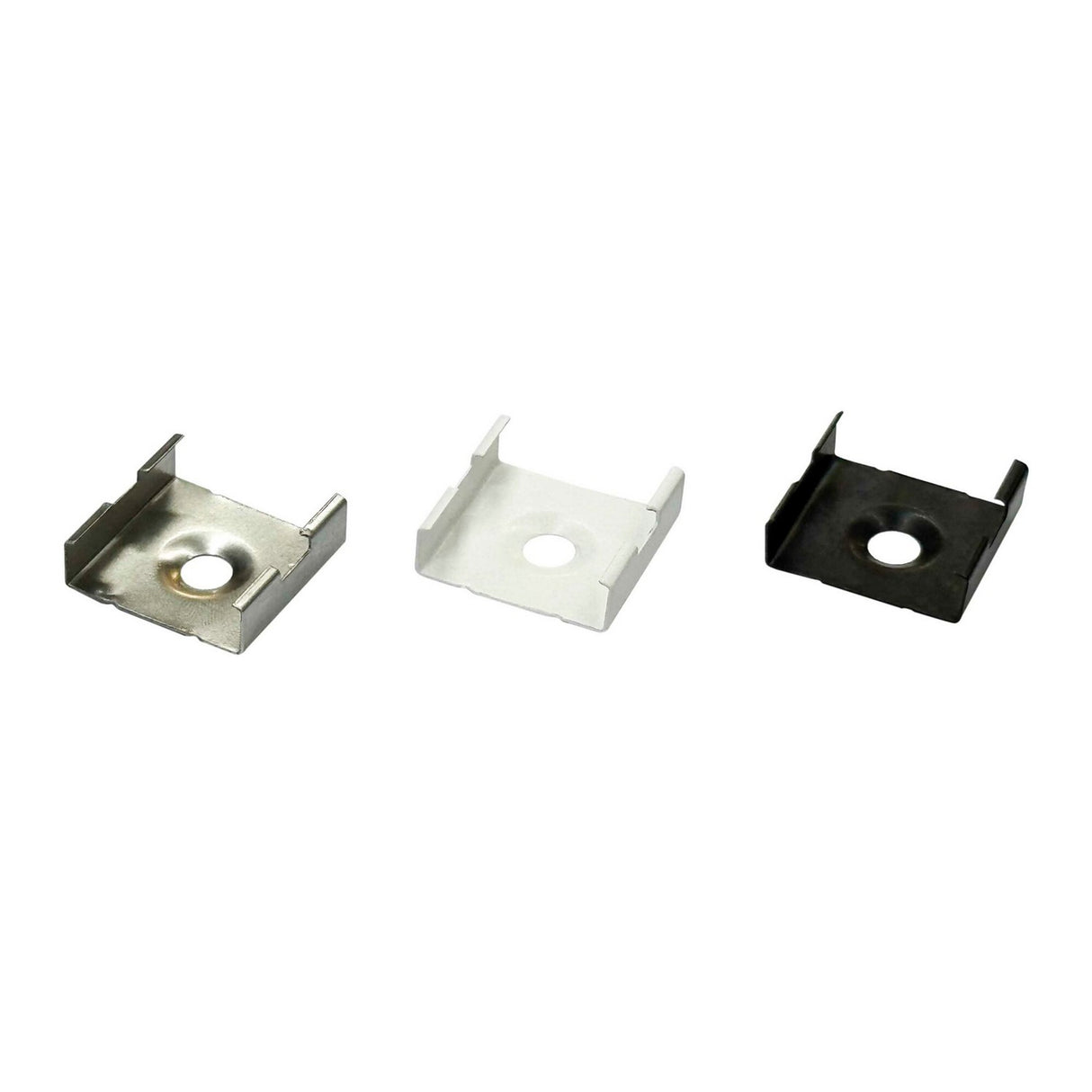 Three Single Mounting Clips for Roma XL, Berlin XL & Versalles—small, square metal brackets with raised sides and central holes—are shown in silver, white, and black finishes, arranged in a row on a white background.