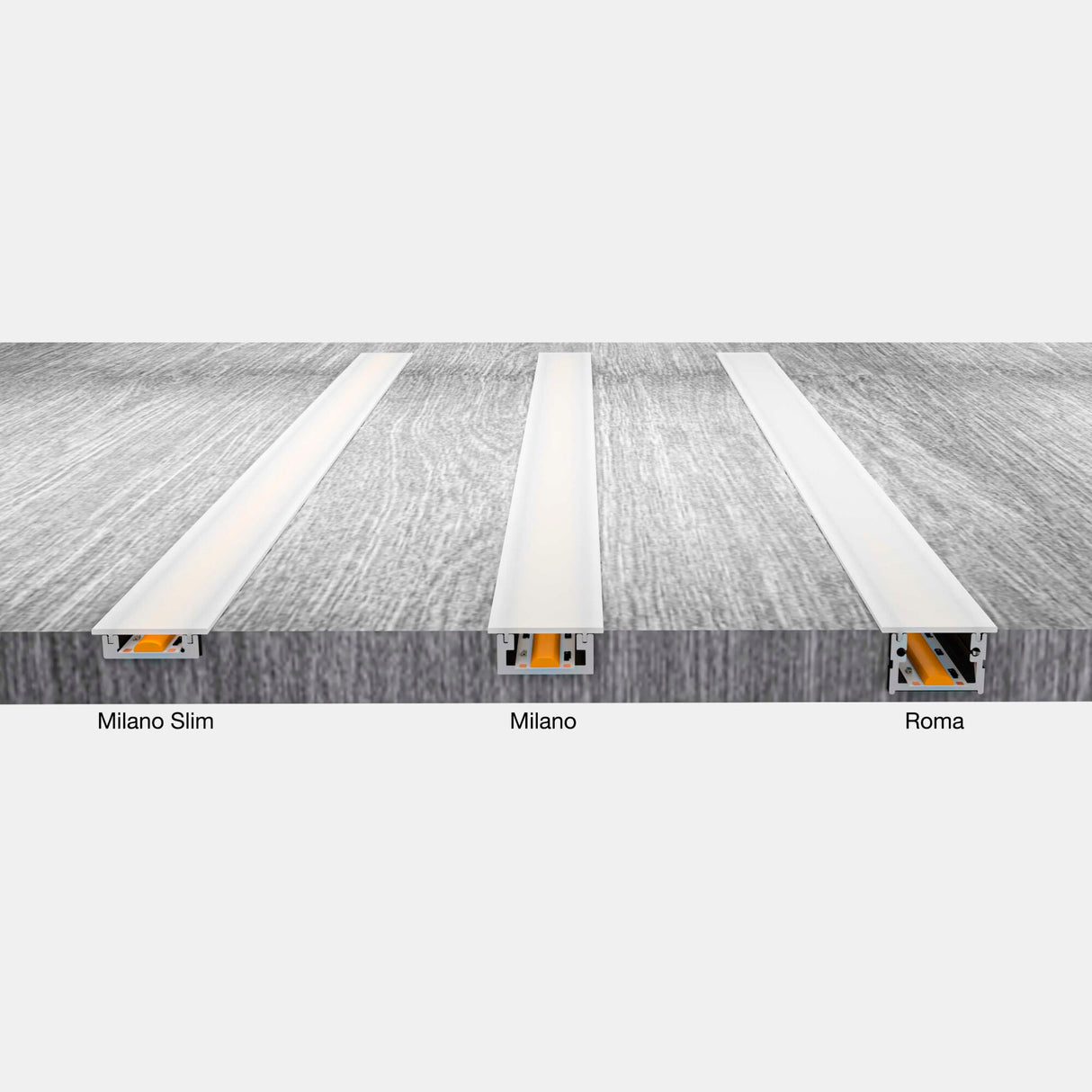 The Recessing Diffuser for Surface Easy-On Profiles is installed in a gray wood surface, showcasing visible wiring inside the channels and secured with a polycarbonate cover for optimal protection.