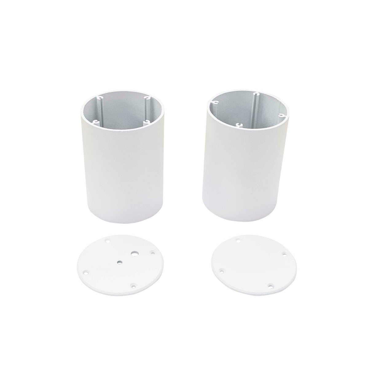 Two cylindrical white metal tubes from the Cartago Profile LED fixture stand upright beside two round aluminum End Caps for Cartago Profile, featuring screw holes, all arranged on a white background.