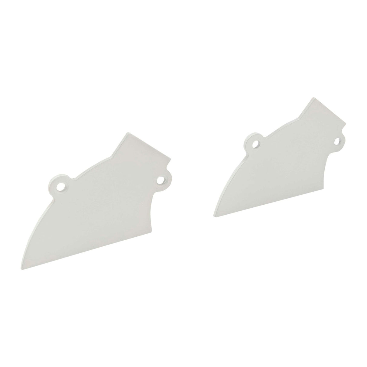 Two white, irregularly shaped plastic End Caps for the Cancun Profile with small holes near the edges are shown on a plain white background, oriented in opposite directions.