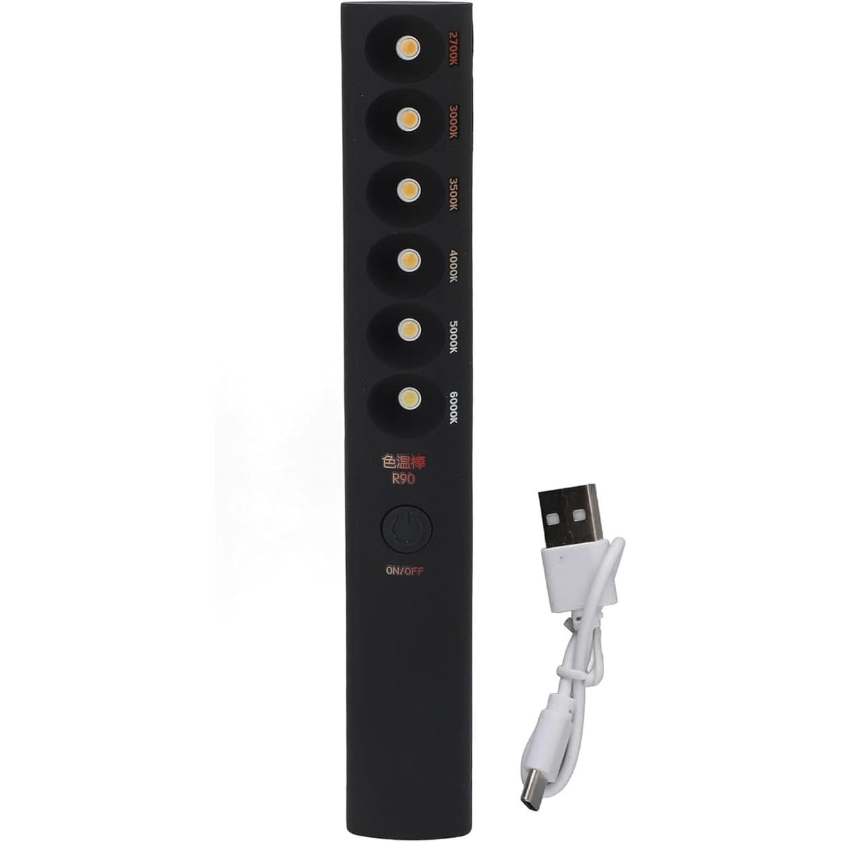 The Portable Color Temperature Lamp Stick is a black, handheld LED light with six color-labeled LEDs, an on/off button, adjustable color temperature, and a USB charging port. Ideal for photography fill light. Includes a short white USB cable.