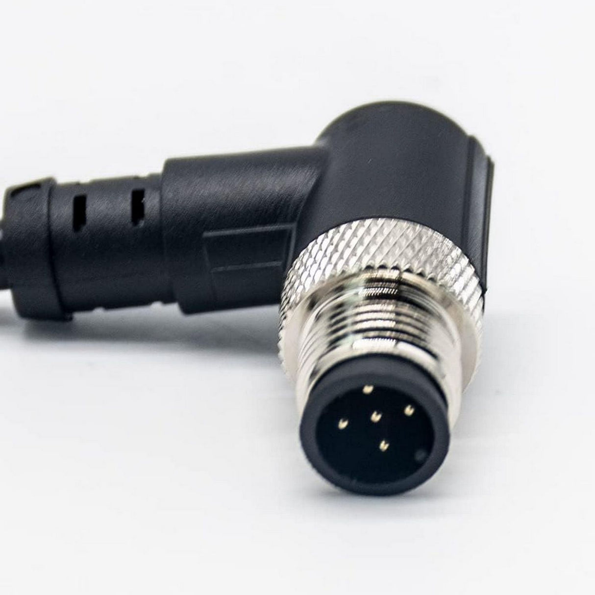 Close-up of a Right Angle Male 5Pin Black Waterproof M12 Connector featuring four metal pins and a knurled metallic ring for secure industrial connections, shown on a white background.