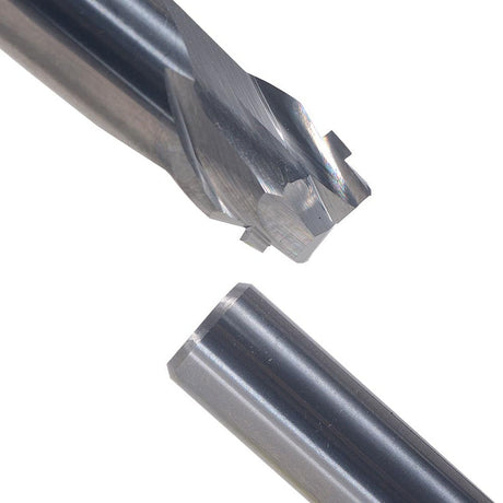 A close-up of two metal tools: a Router Cutting Bit for 8mm LED Light Strips with sharp edges and a smooth cylindrical rod, both set against a white background.