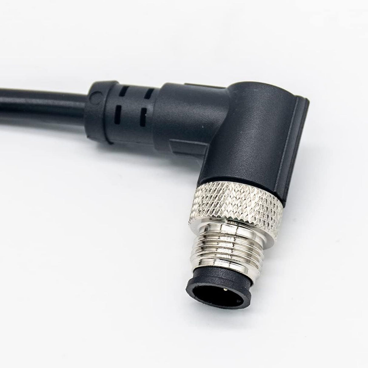 Close-up of a Right Angle Male 5Pin Black Waterproof M12 Connector with a metal threaded tip, designed for secure industrial connections, on a white background.