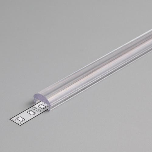 The LED Channel Cover ~ C Click Lens, made of clear plastic, is partially open to reveal the LED strip inside, placed on a plain gray surface.