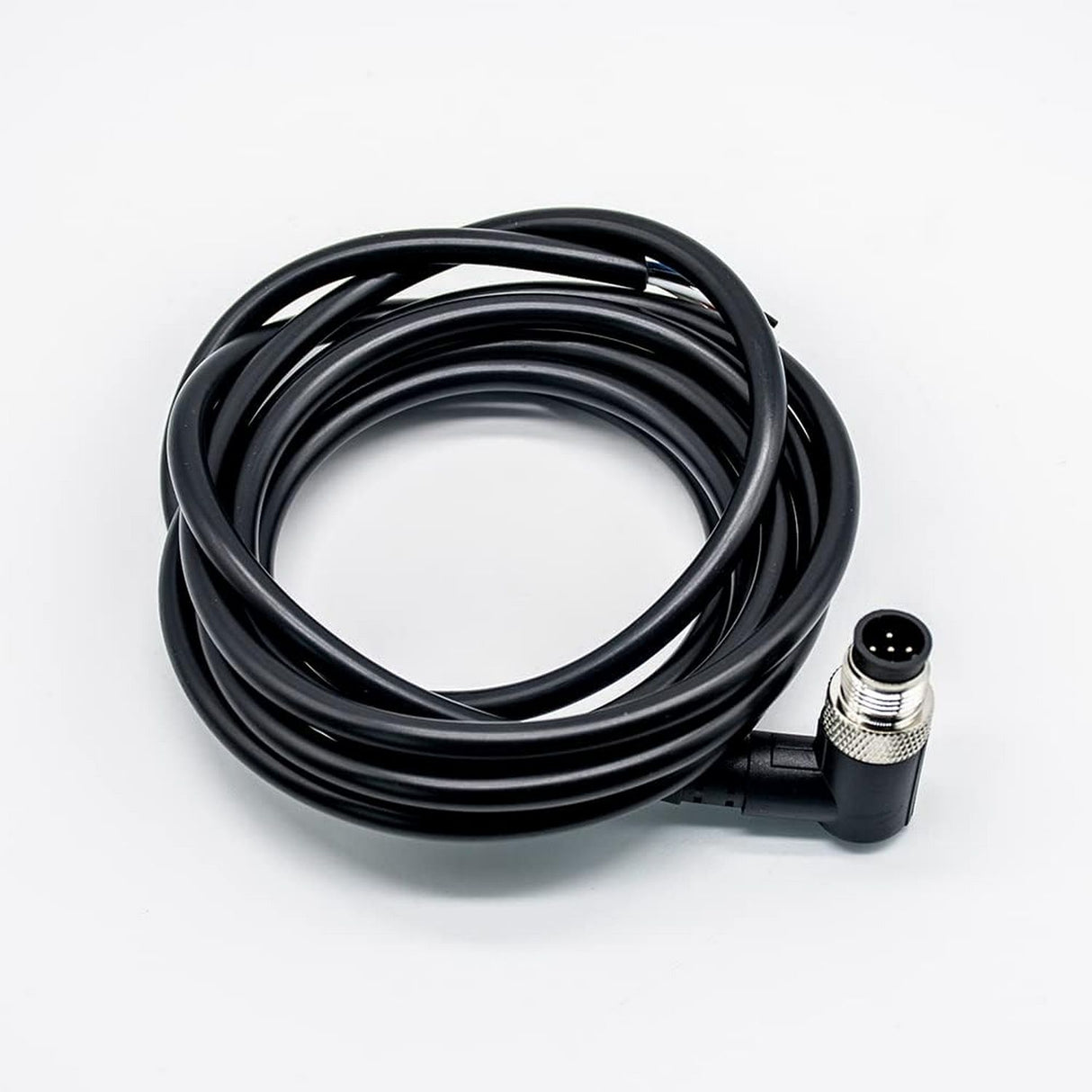 A coiled black cable featuring a right-angle male 5-pin waterproof M12 connector, designed for secure industrial connections, is displayed on a plain white background.