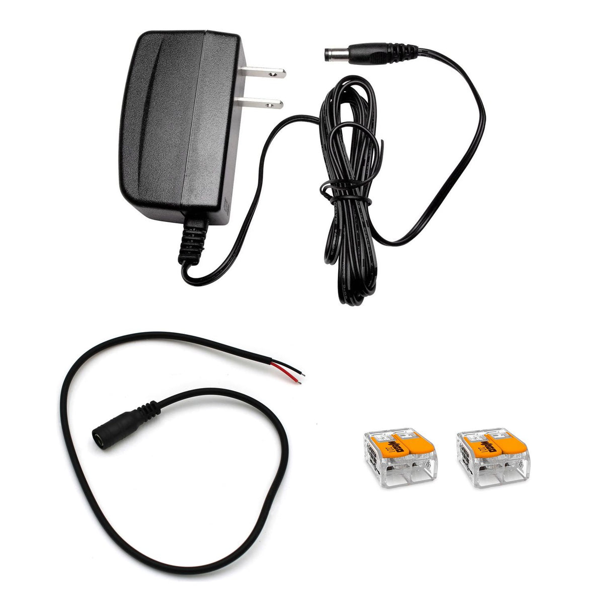 Plug-in Power Kit for Controllers and Sensors (12V) featuring a black UL Listed power supply with a barrel connector cable, a short adapter cable with a DC female jack, and two two-port orange and clear lever-wire connectors.