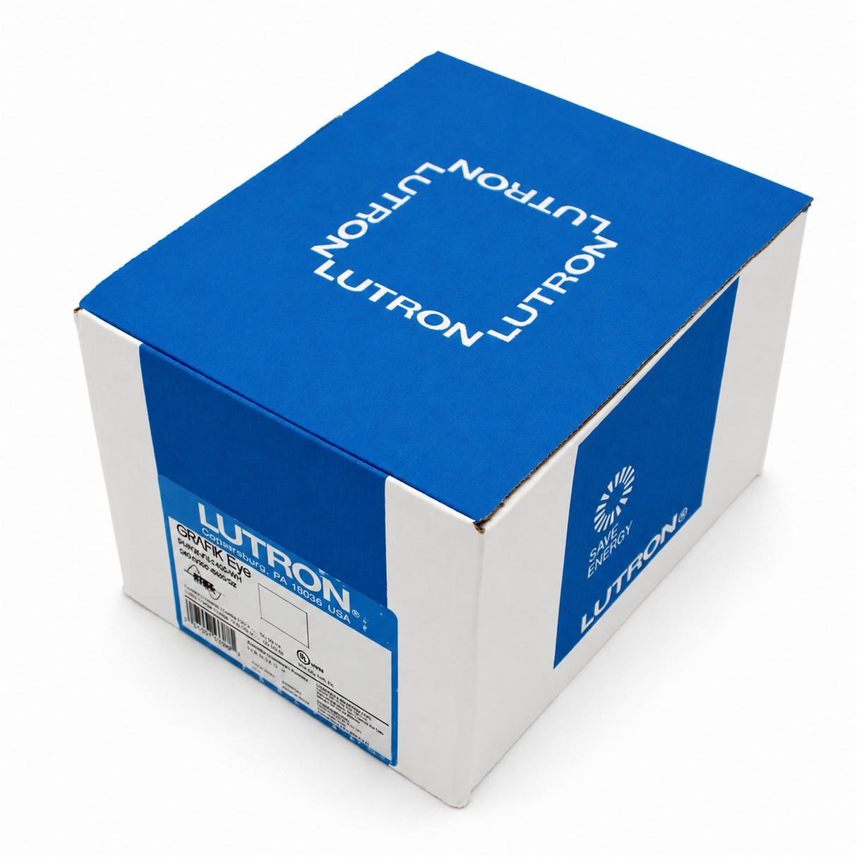 A white box with blue accents featuring the word LUTRON repeated on the top. The side label displays product details and a barcode, indicating this is packaging for a Lutron Single-Zone Dimming Interface Phase-Adaptive Power Module, Model PHPM-PA-120-WH.