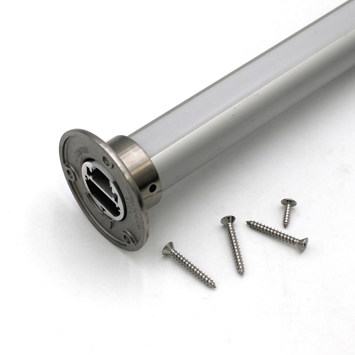 The 3 Round Wall Flange Base Plate for 1.50 Round Profiles is shown with four silver screws on a white background, perfect for handrails or railing projects.