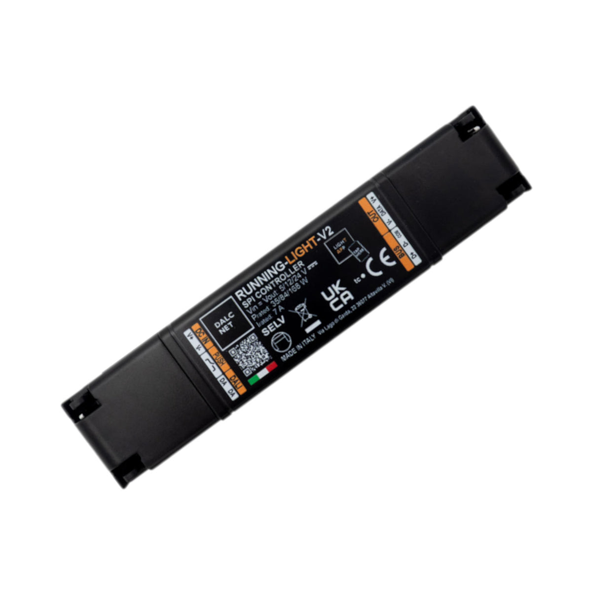 A rectangular black electronic device labeled RUNNING-LIGHT-V2, a SPI Pixel Controller with DALI and DMX for digital LED strips, with specification details and certification symbols printed in white on its surface. The device features connectors or mounting points at each end for easy integration with digital LED strips.