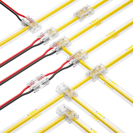 The 9-in-1 COB/SMD LED Strip Light Connector securely joins yellow and red wires to COB and SMD light strips arranged in parallel lines, ensuring uniform illumination at multiple intersection points on a white background.