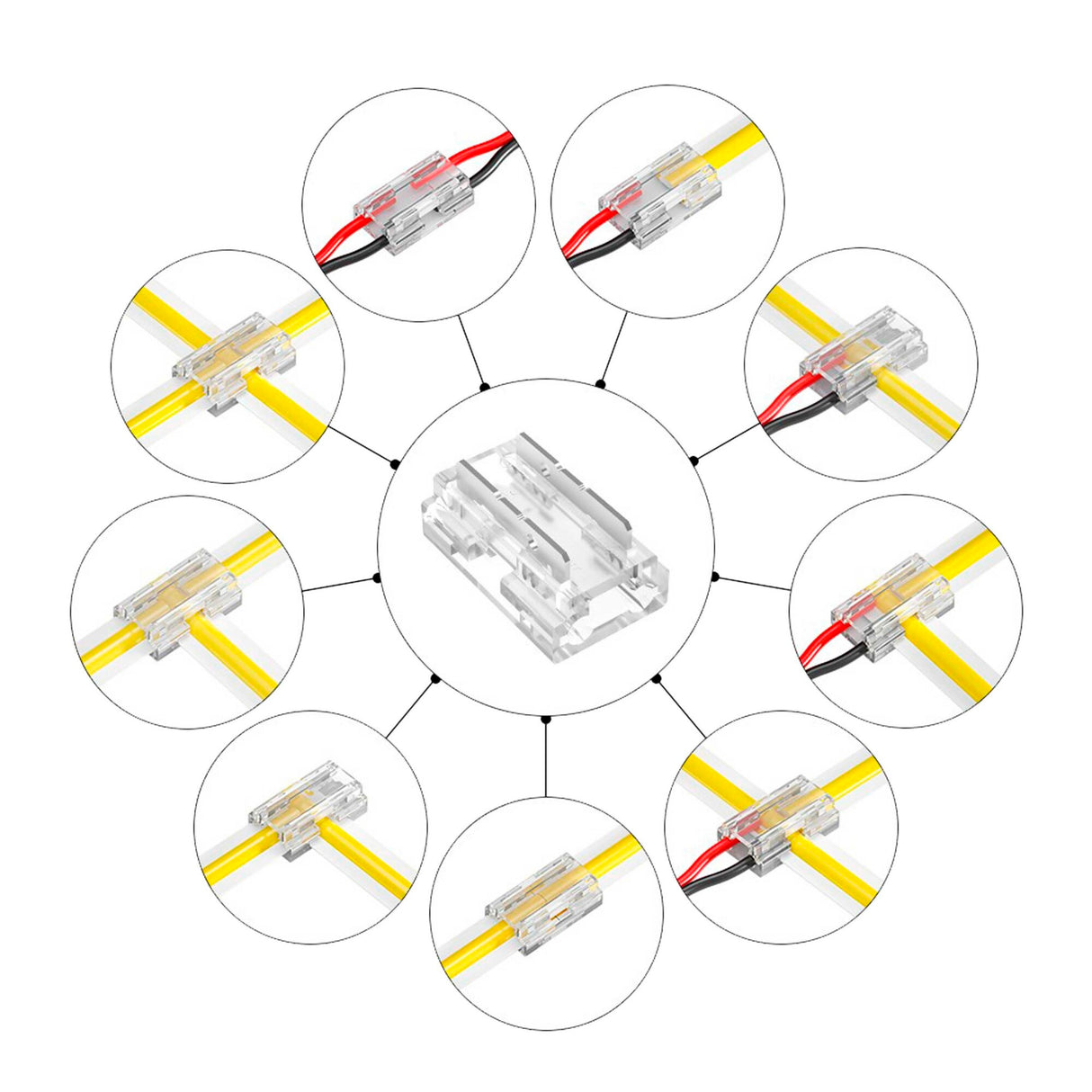 The 9-in-1 COB/SMD LED Strip Light Connector is shown in a central transparent view, surrounded by close-ups of yellow and red wires joined in different ways—ideal for uniform illumination on COB and SMD light strips.