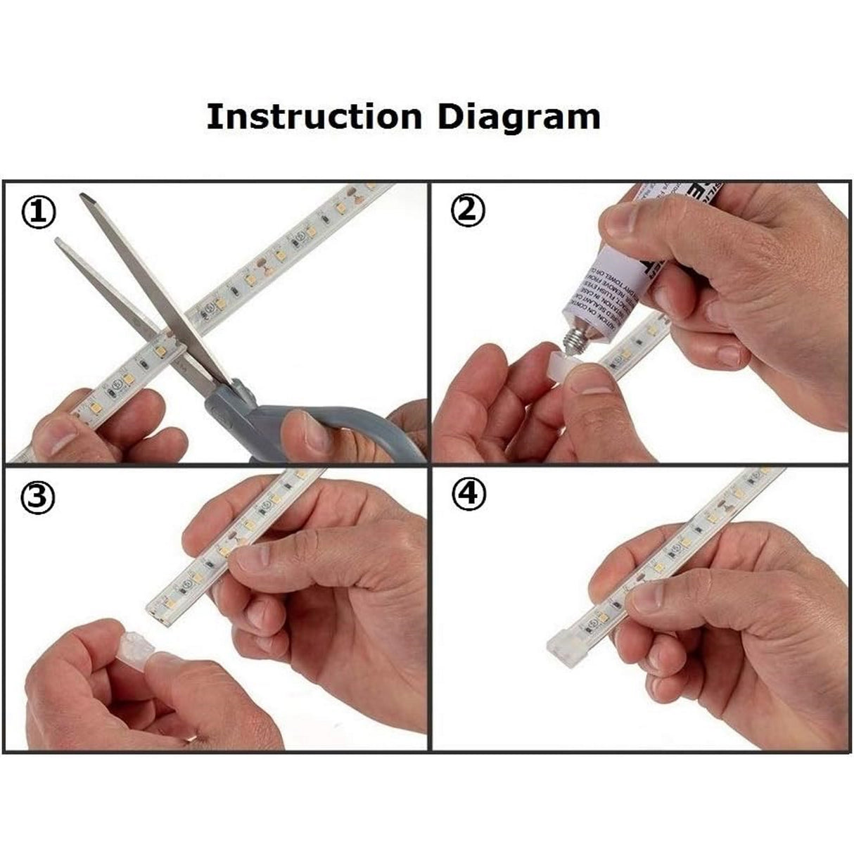 A four-step diagram shows: 1) cutting an LED Strip Light, 2) applying sealant to the cut end, 3) attaching a Waterproof End Cap Cover for IP67/IP68 LED Strip and connector, and 4) the finished connected strip.