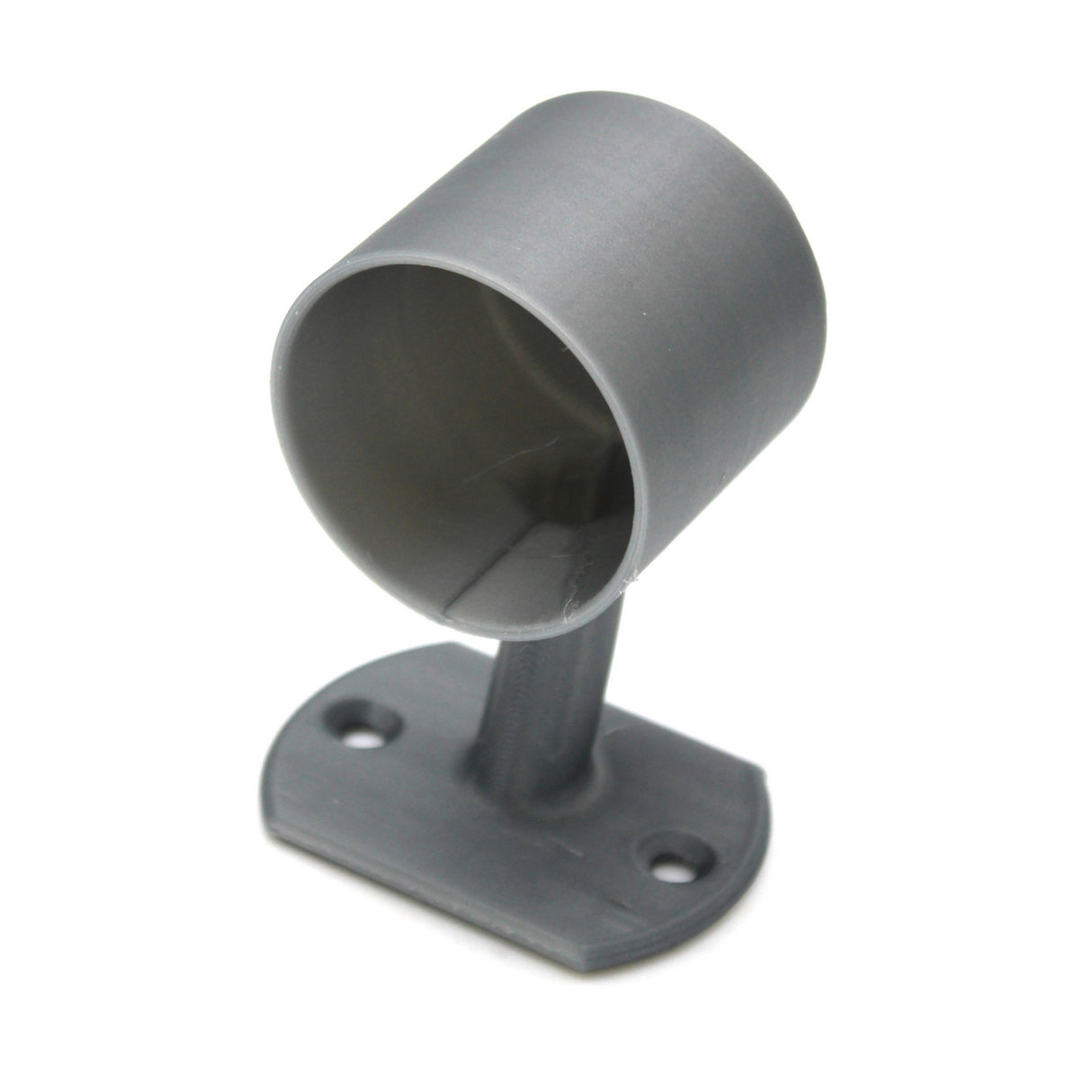 The Wired Post for 1.50 Round Profiles is a gray metal cylindrical mounting post with a flat base featuring two screw holes, and an open circular holder at the top—perfect for supporting LED diffuser tubes.