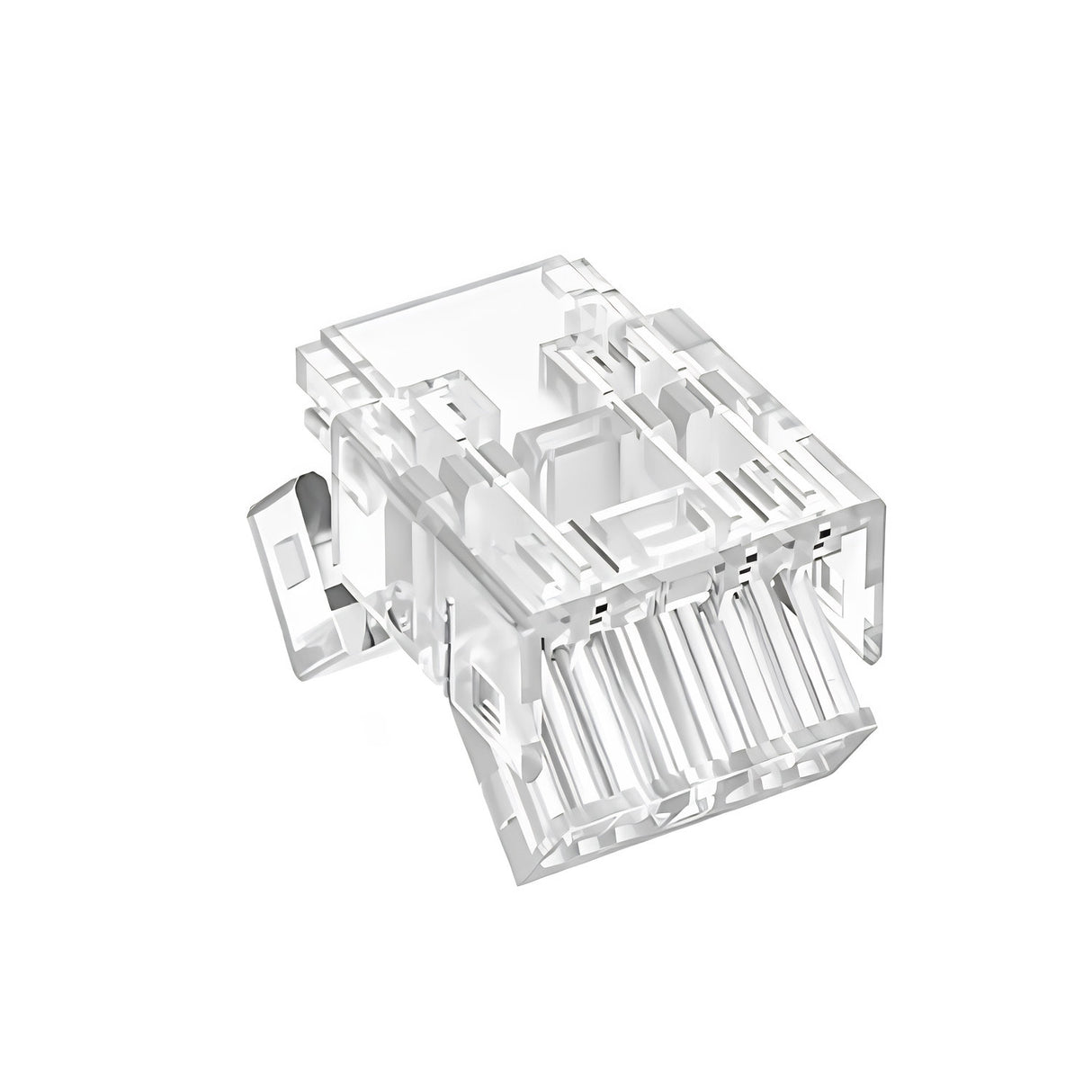 3-Pin Solderless Tunable White COB LED Strip Connector (10mm) ~ UniCCT Series, a clear plastic connector angled to show internal pin slots and side clip, is used for easy CCT LED tape terminations—similar in design concept to an RJ45 Ethernet or 3-pin connector.