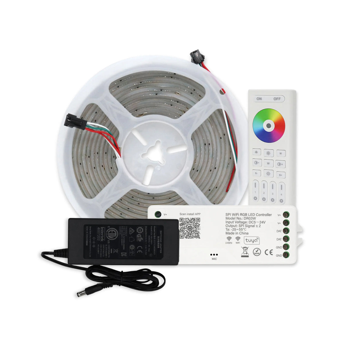 Color-Chasing RGB Pixel IP20 COB LED Strip Kit (24V) ~ EnoLED UniPixel Series, featuring a coiled RGBIC COB LED strip, remote control with color and on/off buttons, power adapter, and a smart controller—all components displayed against a white background.