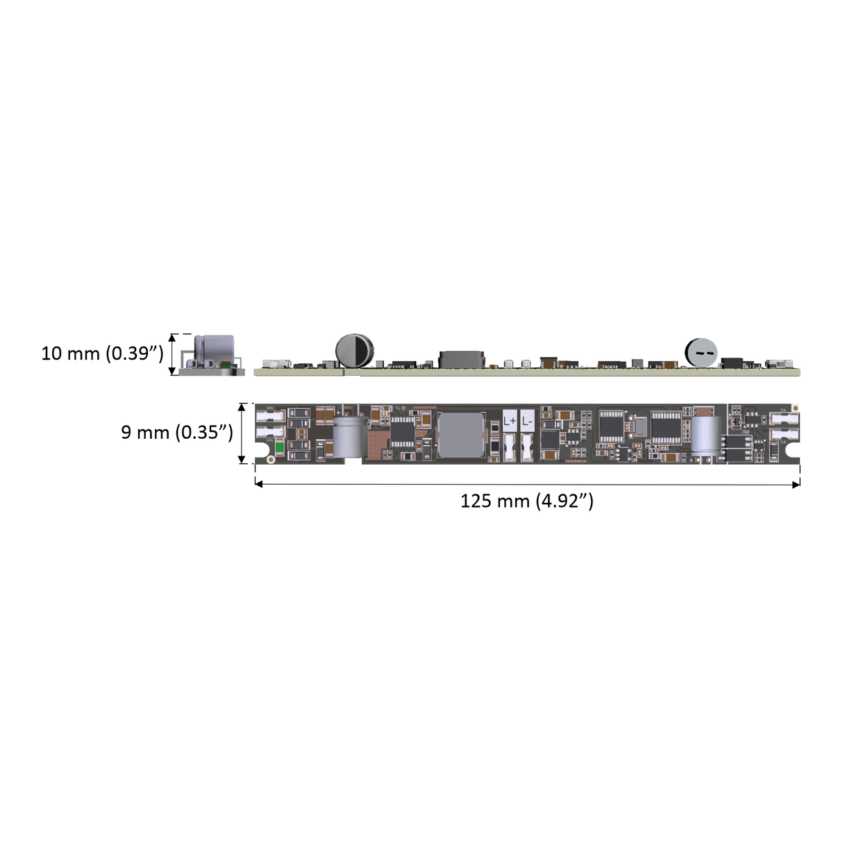 Side and front views of the MINITRACK-1CC-DALI-HC Single Channel Constant Current LED Controller with hybrid dimming, DALI protocol, and labeled dimensions: 10 mm (0.39) height, 9 mm (0.35) depth, 125 mm (4.92) length.