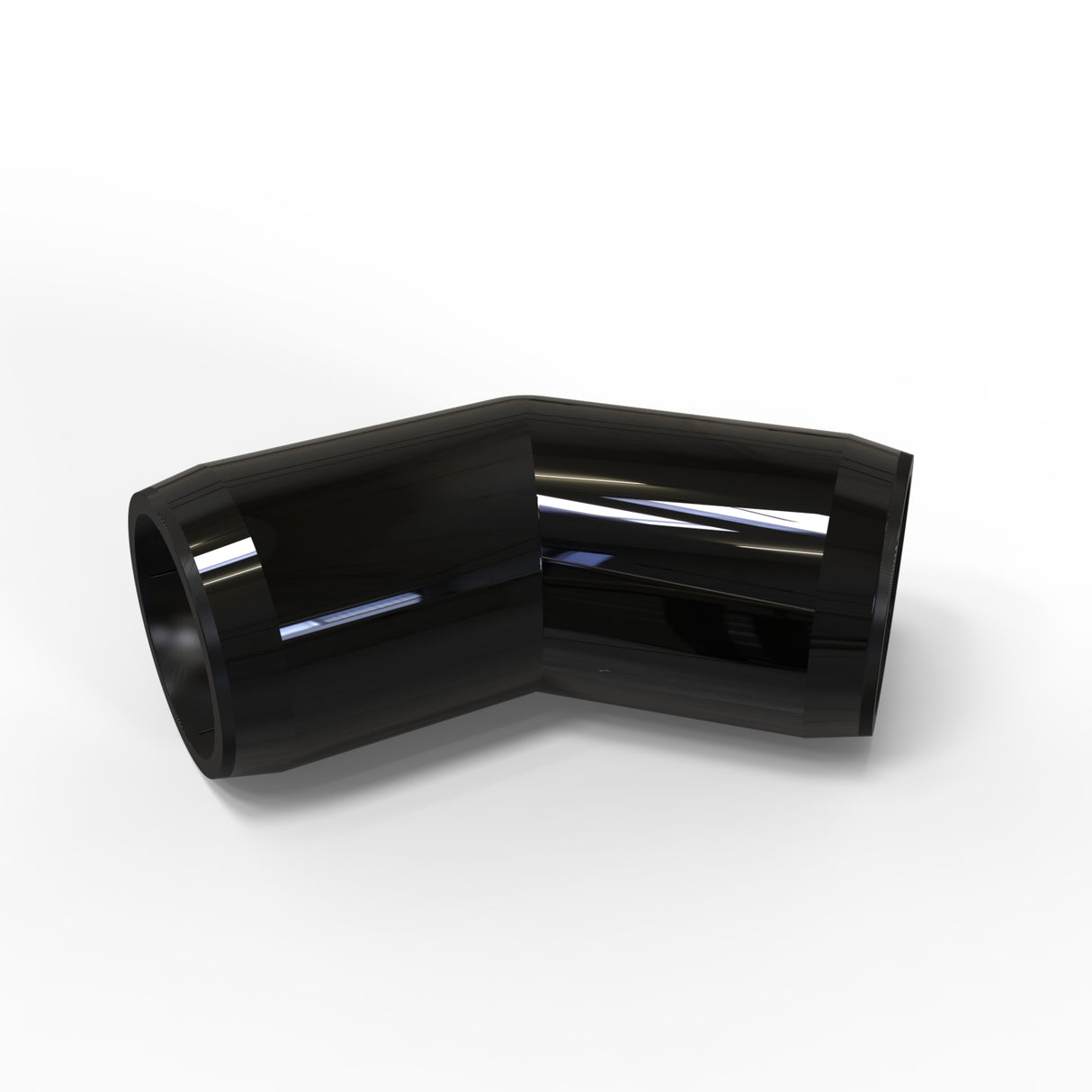 A black, glossy Structural PVC Joiner for Sierra38 Tube Profile is shown at a 45-degree angle on a white background, its smooth surface reflecting light—ideal as a plastic connector for lighting installation accessories.