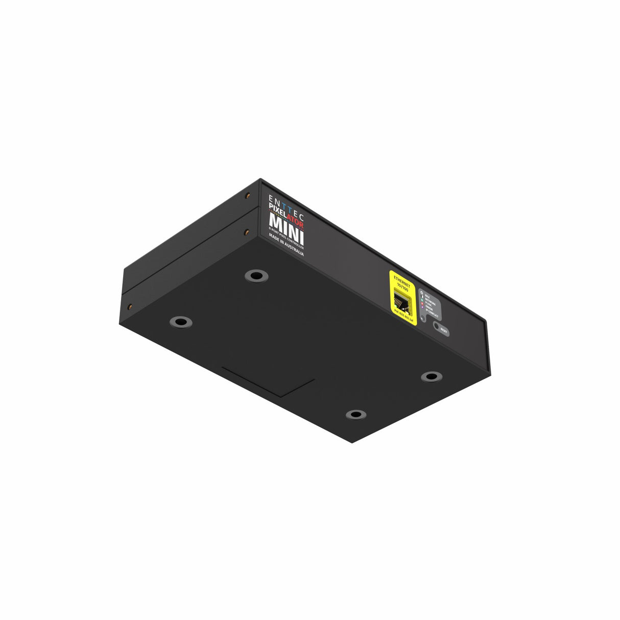 A black rectangular 16-Universe eDMX to SPI LED Pixel Converter, labeled Enttec Pixelator Mini with a yellow tag and four bottom sensors, sits on a white background. It enhances precise LED pixel lighting control for various setups.