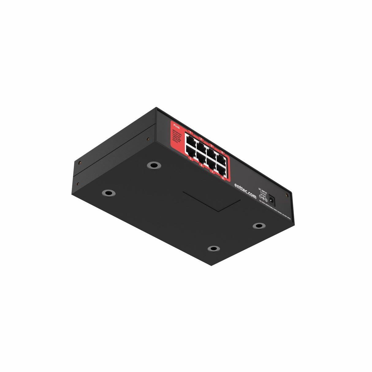 A black 16-Universe eDMX to SPI LED Pixel Converter ~ Enttec Pixelator Mini switch with red accents, eight Ethernet ports, and LED pixel control indicators, shown from a low angle on a white background. Four screw holes are visible on the bottom.