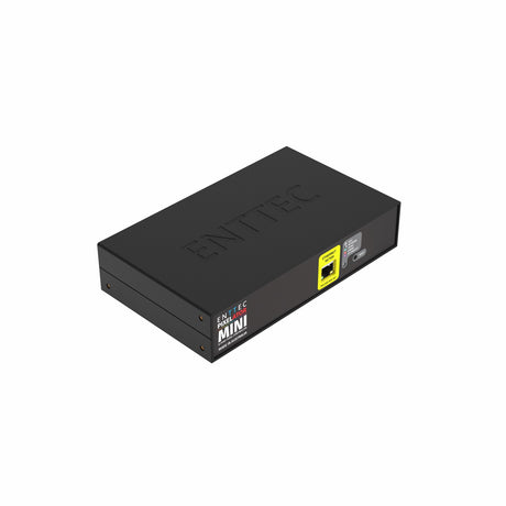 A black rectangular 16-Universe eDMX to SPI LED Pixel Converter (Enttec Pixelator Mini) labeled MINI, features a yellow-bordered ethernet port and power button on the front, designed for advanced LED pixel control, shown on a white background.