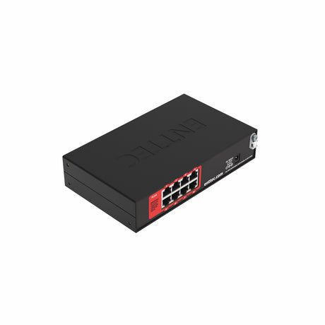 A black Enttec Pixelator Mini 16-Universe eDMX to SPI LED Pixel Converter with eight front Ethernet ports, a red label, and side power port for LED pixel control, photographed on a white background.