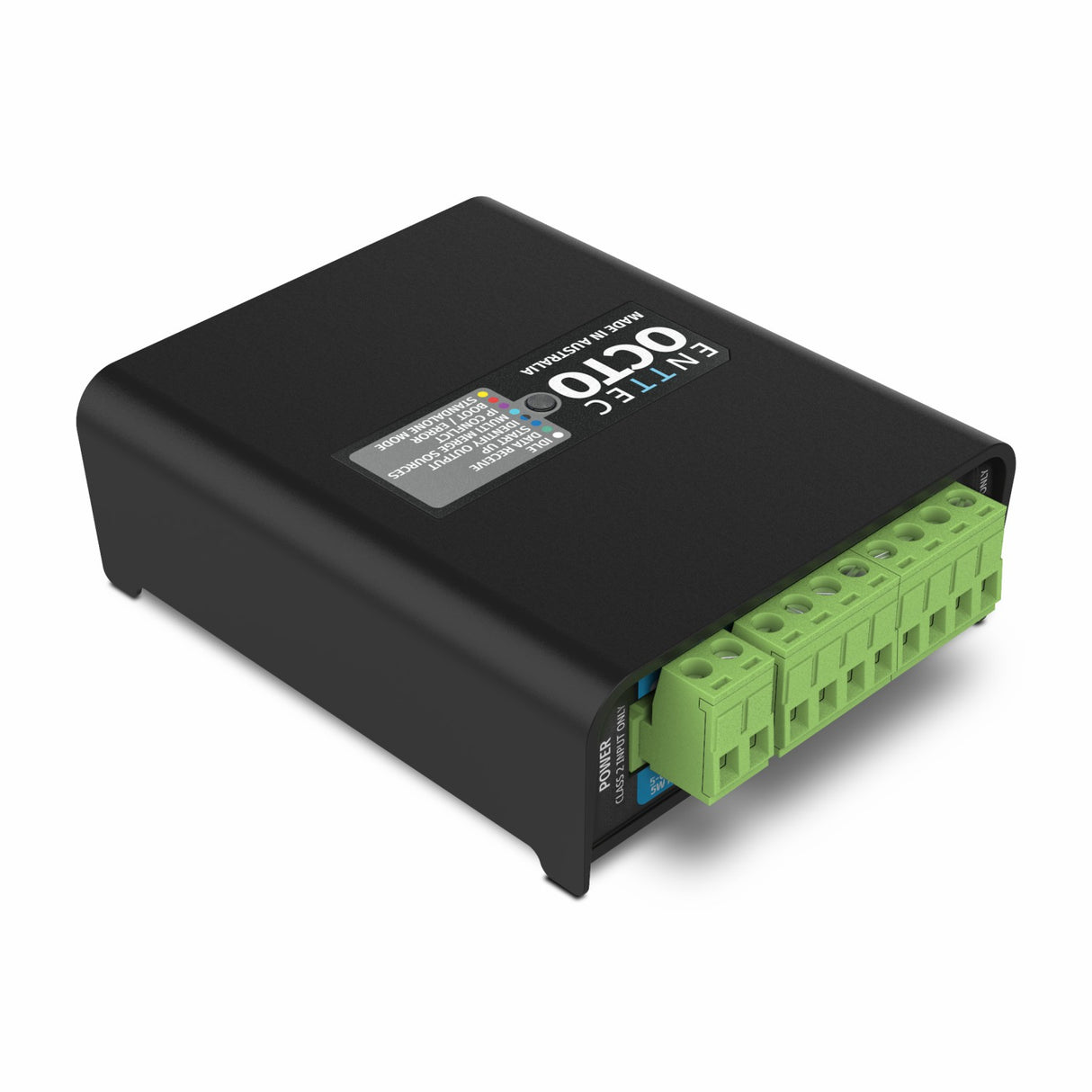 The 8-Universe eDMX LED Pixel Controller ~ Enttec Octo is a black rectangular device labeled EVITEC OCTO, featuring green terminal connectors and Art-Net compatibility for seamless lighting control integration.