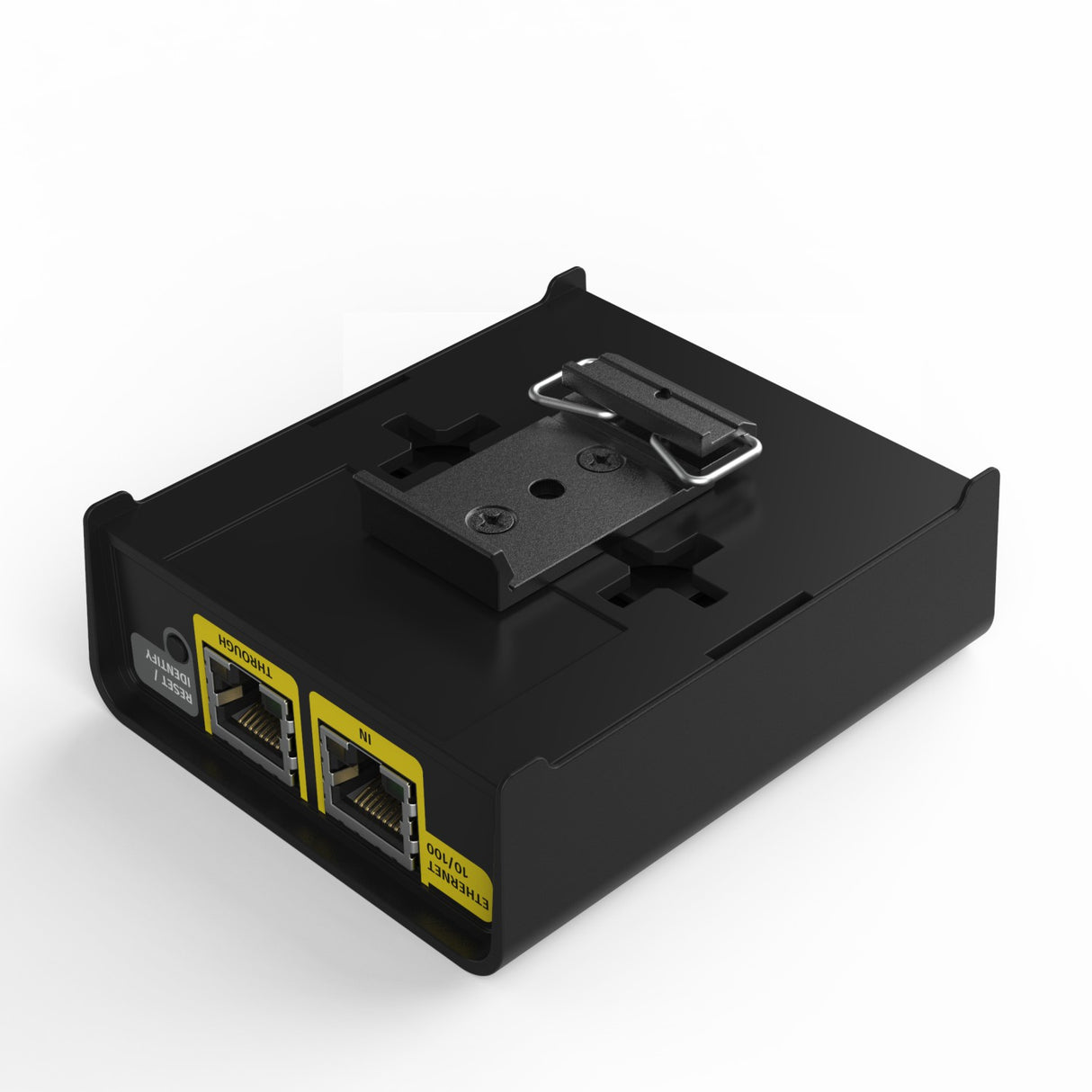 The 8-Universe eDMX LED Pixel Controller ~ Enttec Octo is a black, rectangular device with two yellow-labeled Ethernet ports, a metal mounting bracket, Art-Net compatibility, and sits on a white surface.