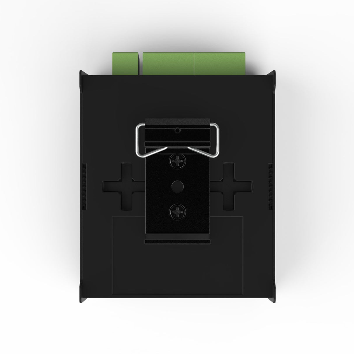 The 8-Universe eDMX LED Pixel Controller ~ Enttec Octo is a black device with a metal clip and front screw holes, shown from above. Three green connectors at the top edge emphasize its Art-Net compatibility.