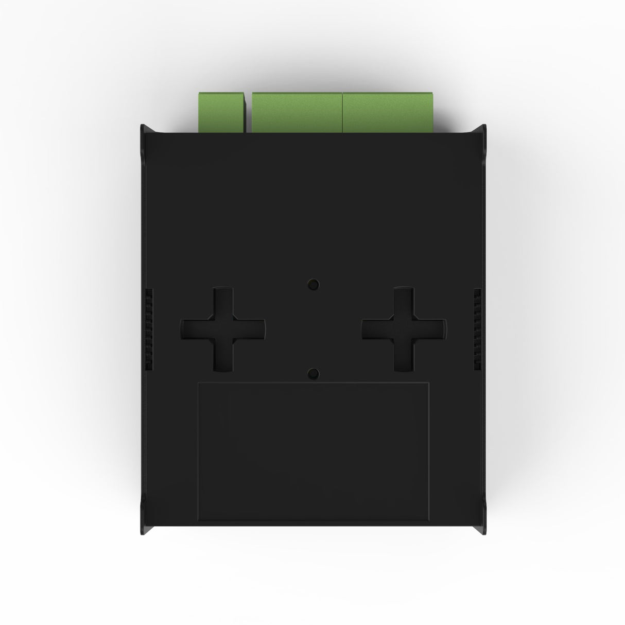 Top view of the 8-Universe eDMX LED Pixel Controller ~ Enttec Octo in black, with two green terminal blocks on top, side ventilation slits, Art-Net support, and body mounting slots.