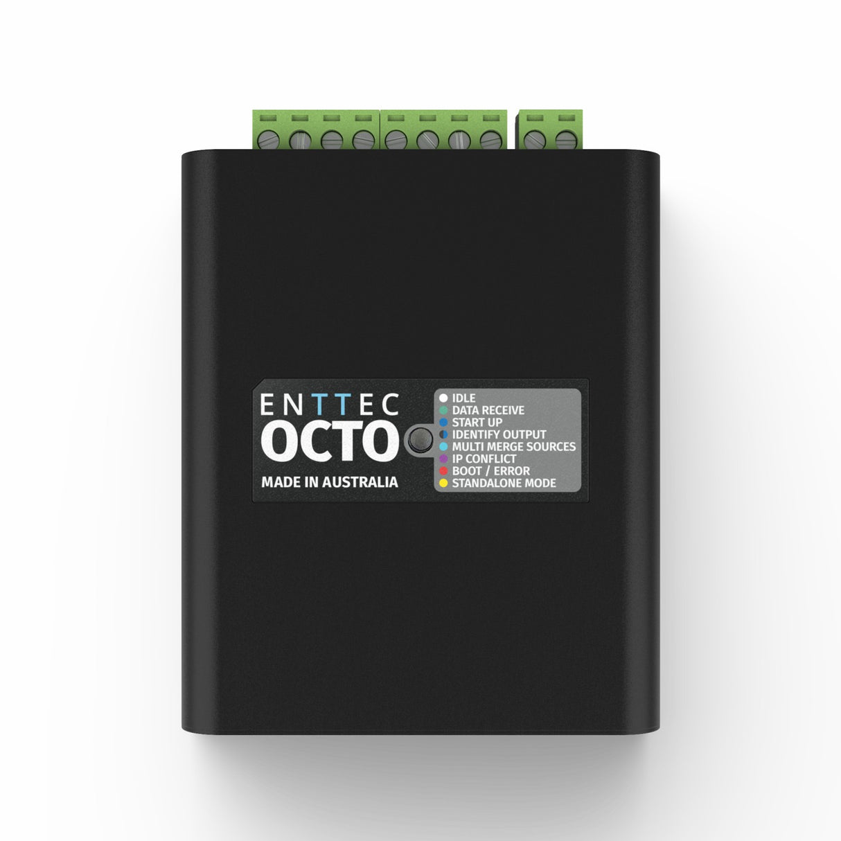 The Enttec Octo 8-Universe eDMX LED Pixel Controller is a black rectangular device labeled ENTTEC OCTO MADE IN AUSTRALIA with indicator lights, green terminal connectors, and Art-Net data distribution compatibility.