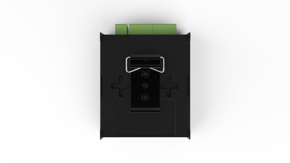 Top view of the Enttec Octo Lite 8-Universe eDMX to SPI Pixel Controller, a black DIN-rail unit with metal mounting bracket and green terminal connectors for Ethernet-to-pixel conversion, shown on a white background.